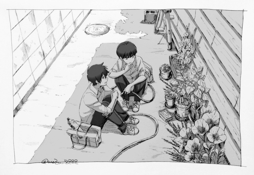2boys bag bicycle border bottle brick_wall brothers cactus collared_shirt day eokonuzu flower from_above garden greyscale holding holding_hose hose kageyama_ritsu kageyama_shigeo knees_up long_sleeves looking_ahead looking_to_the_side male_focus mob_psycho_100 monochrome multiple_boys on_ground pants plant potted_plant school_bag school_uniform shade shirt shoes short_hair siblings sitting sleeves_rolled_up smile sneakers vines water_bottle wooden_wall
