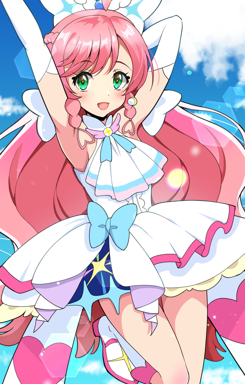 1girl arm_behind_head arms_up ascot boots bow braid brooch commentary cure_prism dress dress_bow earrings elbow_gloves gloves green_eyes hair_bow highres hirogaru_sky!_precure jewelry kaatsu_katsurou layered_dress leg_up lens_flare long_hair looking_at_viewer magical_girl nijigaoka_mashiro open_mouth pink_hair precure short_dress side_braids sleeveless sleeveless_dress smile solo standing standing_on_one_leg twin_braids very_long_hair white_ascot white_bow white_dress white_footwear white_gloves wing_brooch
