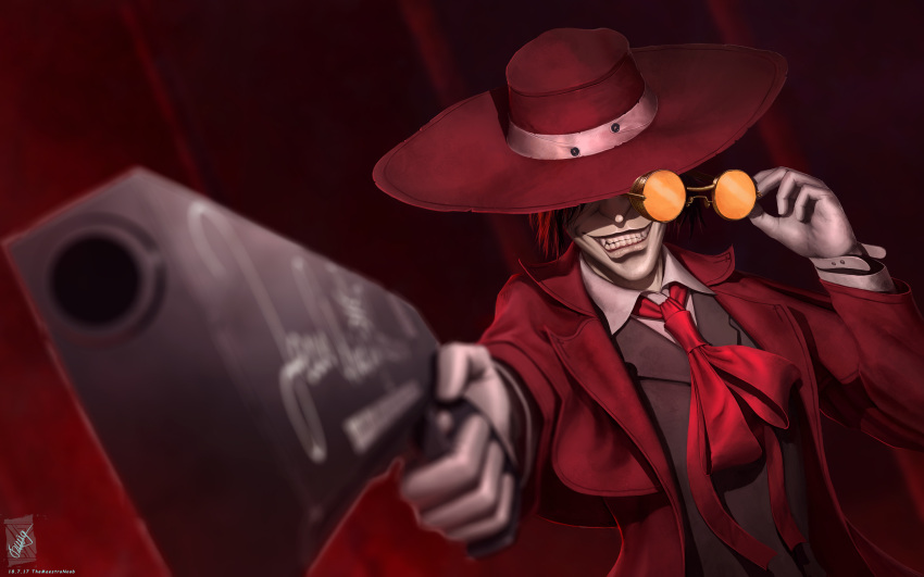 1boy absurdres aiming aiming_at_viewer alucard_(hellsing) brown_vest coat collared_shirt fangs gloves grey_gloves grey_shirt grin gun hellsing highres holding holding_gun holding_weapon red_coat red_headwear redhead shirt short_hair smile solo sunglasses teeth themaestronoob vest weapon