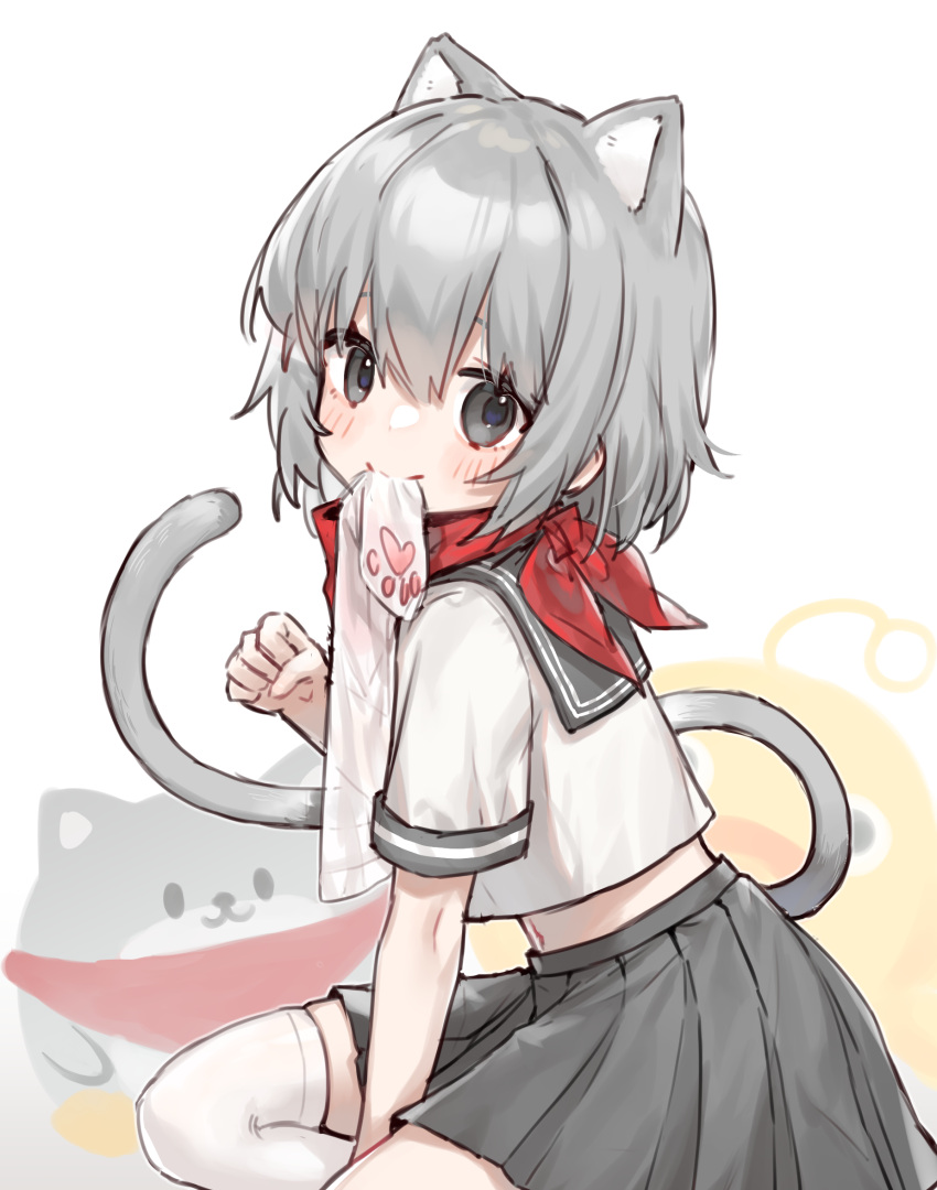 1girl animal_ears arm_support blush cat_ears cat_tail clothes_in_mouth commentary_request extra_ears from_side grey_eyes grey_hair grey_sailor_collar grey_skirt grey_tail hair_between_eyes highres looking_at_viewer medium_hair midriff miyayoki mouth_hold mr.quin navel original paw_pose paw_print_soles pleated_skirt red_scarf sailor_collar scarf school_uniform serafuku sitting sketch skirt solo tail thigh-highs unworn_thighhighs white_background white_serafuku white_thighhighs