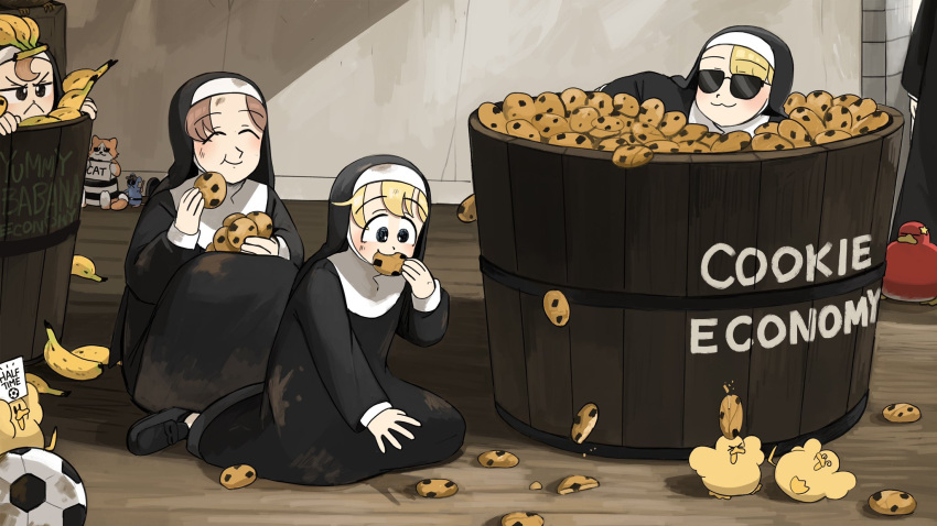 5girls :&lt; :3 ball banana barrel bird black_footwear blonde_hair blue_eyes brown_hair cat chicken chocolate_chip_cookie closed_eyes clumsy_nun_(diva) cookie diva_(hyxpk) duck duckling eating english_commentary food froggy_nun_(diva) fruit habit highres hungry_nun_(diva) little_nuns_(diva) mouse multiple_girls nun smile soccer_ball spicy_nun_(diva) star_nun_(diva) star_ornament sunglasses too_much_food traditional_nun