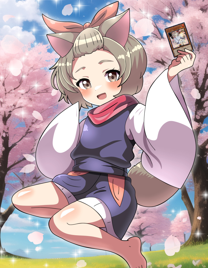 1girl :d absurdres animal_ears ash_blossom_&amp;_joyous_spring bangs_pinned_back barefoot blue_sky brown_eyes brown_hair card cherry_blossoms clouds commentary_request day dog_ears dog_girl dog_tail duel_monster full_body hair_ribbon highres holding holding_card hositoki3129 japanese_clothes kimono long_sleeves looking_at_viewer open_mouth ribbon short_hair sidelocks sky smile solo sparkle tail tree yu-gi-oh! yu-gi-oh!_master_duel