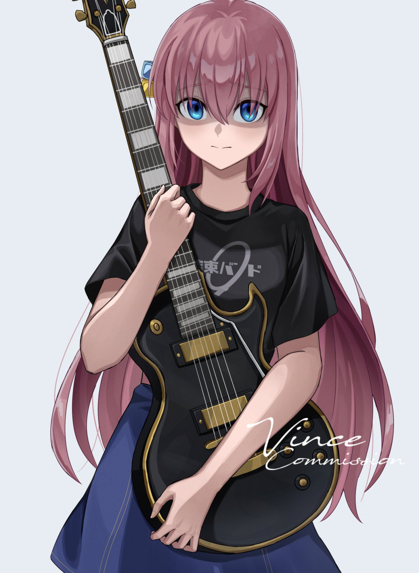 1girl black_shirt blue_eyes blue_skirt bocchi_the_rock! closed_mouth commentary commission cube_hair_ornament electric_guitar english_commentary gibson_les_paul gotoh_hitori guitar hair_ornament highres holding holding_instrument instrument long_hair looking_at_viewer pink_hair prayudi555 shaded_face shirt short_sleeves skirt solo t-shirt