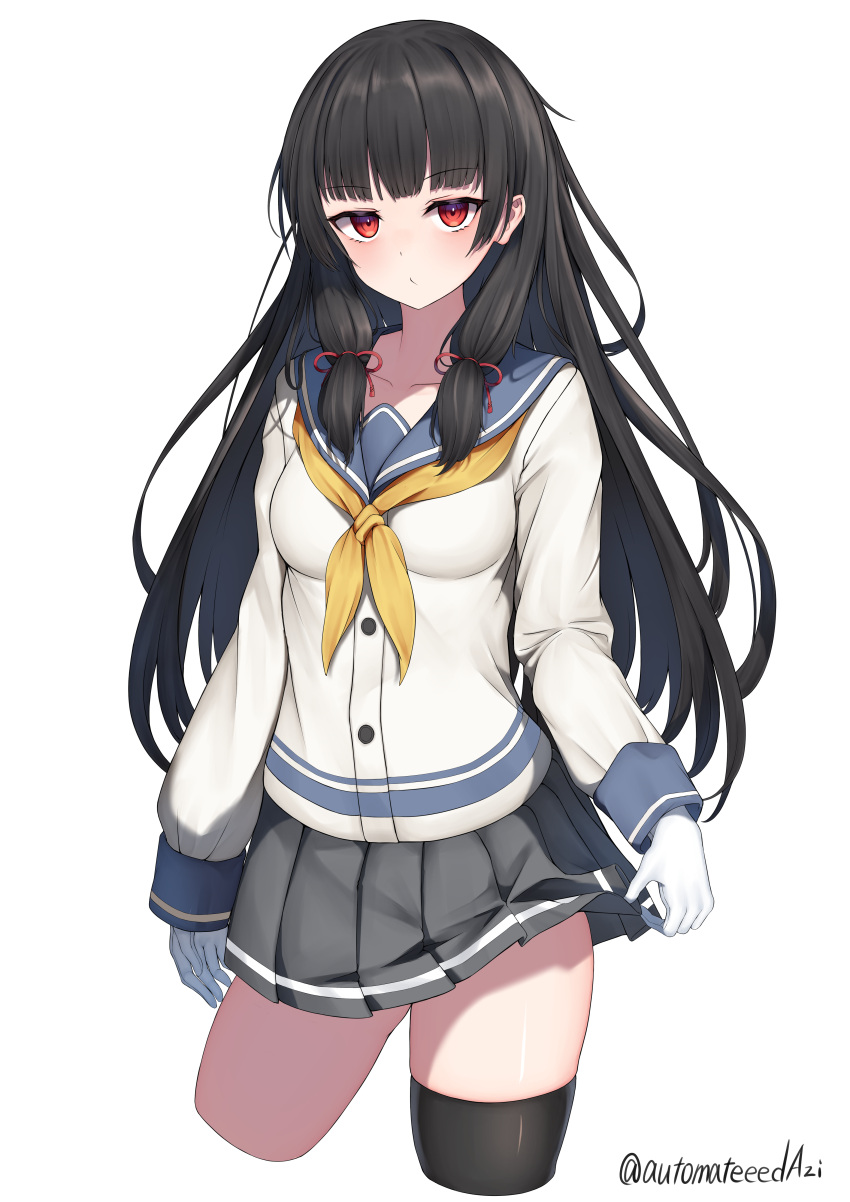 1girl absurdres black_hair black_thighhighs blue_sailor_collar breasts buttons cowboy_shot cropped_legs gloves grey_skirt hair_ribbon highres isokaze_(kancolle) kantai_collection long_hair looking_at_viewer m-&gt;g neckerchief pleated_skirt red_eyes red_ribbon ribbon sailor_collar simple_background single_thighhigh skirt solo thigh-highs tress_ribbon twitter_username white_background white_gloves yellow_neckerchief