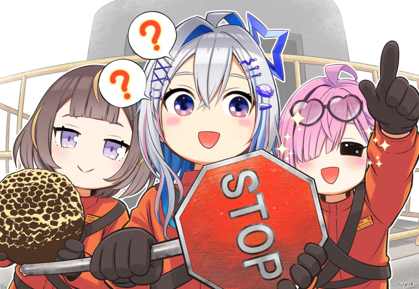 3girls :&gt; :3 :d =_= ? ahoge amane_kanata animal_hair_ornament anya_melfissa artist_name beehive black_gloves blonde_hair bloom blue_eyes blue_hair blunt_bangs blush blush_stickers brown_hair center-flap_bangs chest_strap chibi closed_eyes closed_mouth colored_inner_hair commentary_request crossed_bangs diagonal_bangs double-parted_bangs eyewear_on_head fence gloves grey_hair hair_between_eyes hair_ornament hair_over_one_eye hairclip halo heart heart-shaped_eyewear himemori_luna holding holding_beehive holding_sign hololive honeycomb_(object) jumpsuit looking_at_viewer looking_to_the_side medium_hair multicolored_hair multiple_girls multiple_hairpins one_eye_covered open_mouth orange_jumpsuit outline outstretched_arm ouya_(maboroshimori) pink_hair pointing road_sign short_hair shoulder_strap sidelocks sideways_glance sign signature single_hair_intake smile sparkle speech_bubble spoken_question_mark star_halo stop_sign streaked_hair swept_bangs two-tone_eyes two-tone_hair violet_eyes virtual_youtuber white_outline x_hair_ornament x_x