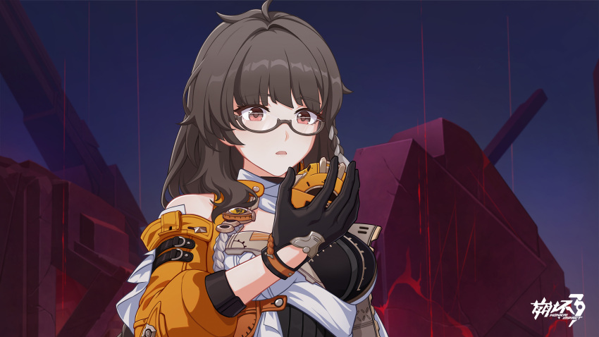 1girl black_gloves brown_hair chinese_commentary female_dreamseeker_(honkai_impact) glasses gloves highres holding honkai_(series) honkai_impact_3rd logo long_hair looking_at_object official_art official_wallpaper parted_lips solo upper_body