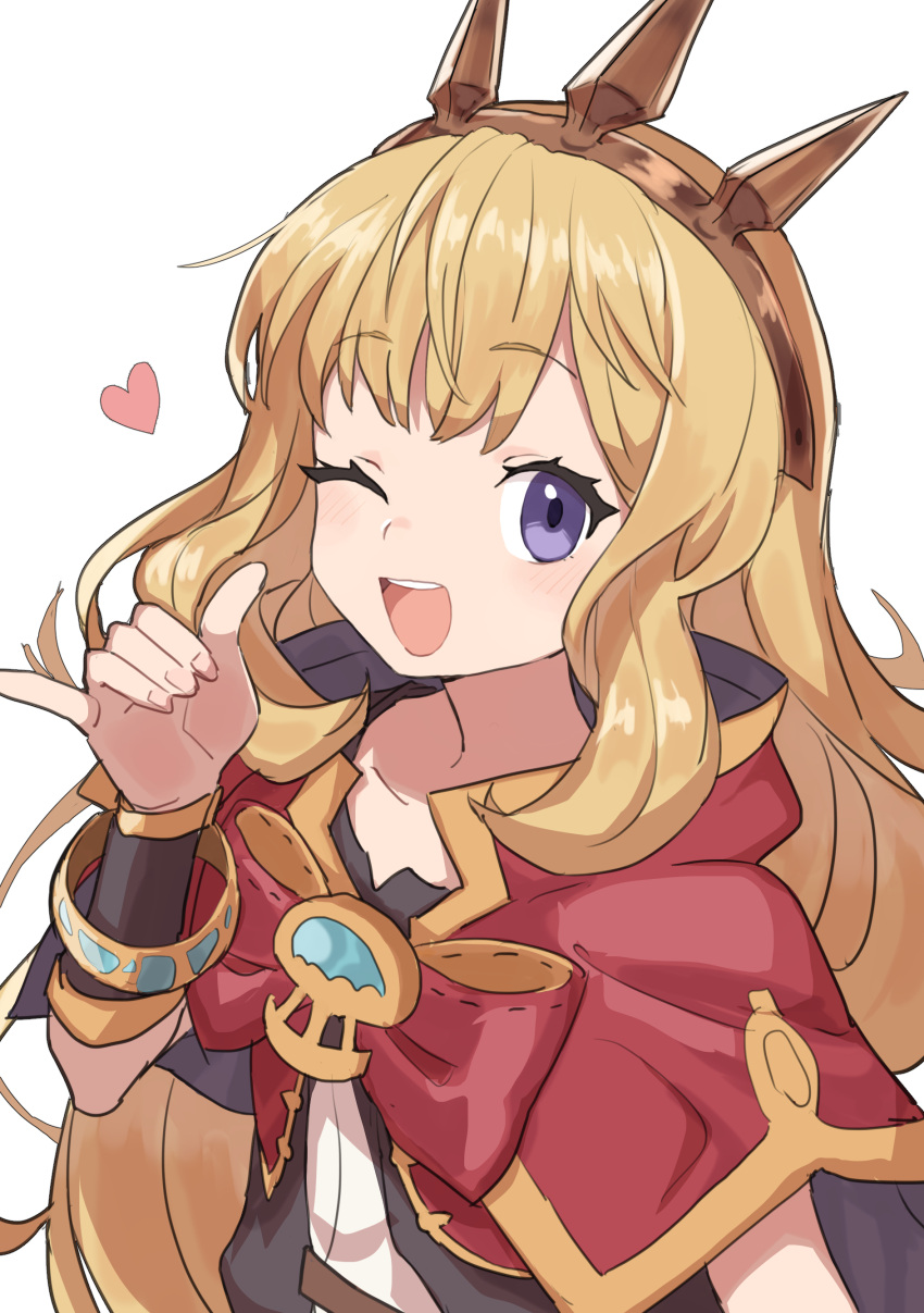 1girl ;d absurdres blonde_hair cagliostro_(granblue_fantasy) cape collarbone gazacy_(dai) granblue_fantasy heart highres long_hair one_eye_closed red_cape simple_background smile solo teeth tiara upper_body upper_teeth_only violet_eyes white_background