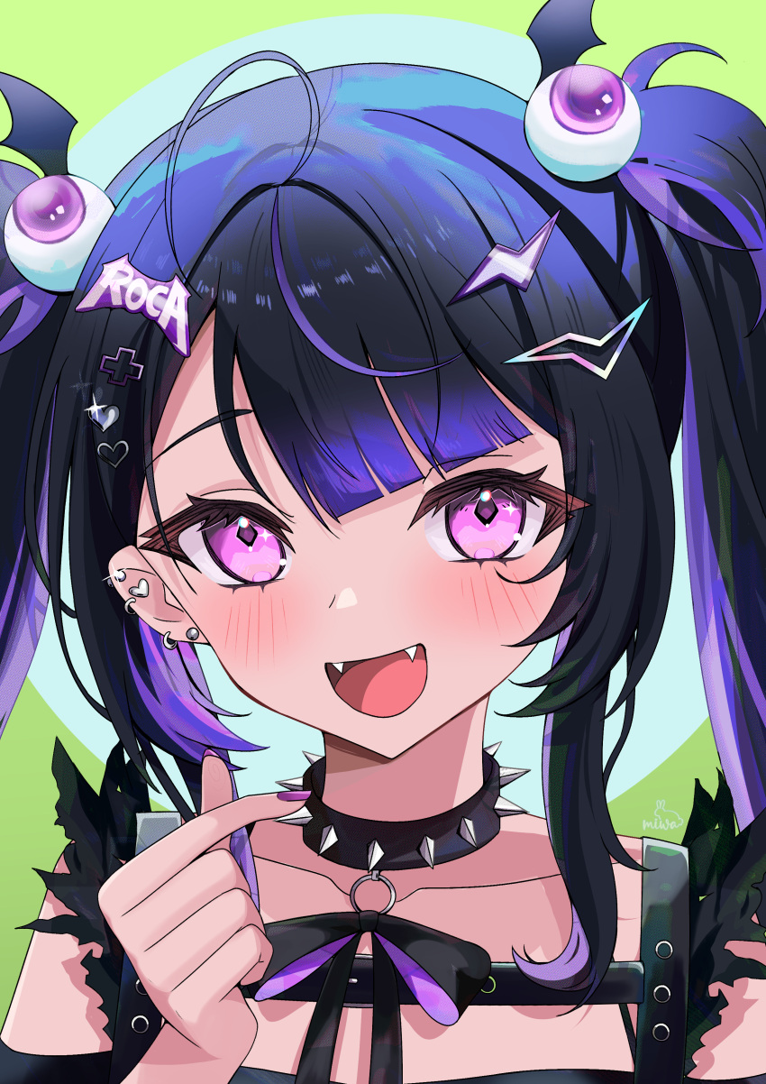 1girl absurdres ahoge black_bow black_bowtie black_choker black_hair bow bowtie choker close-up collar collarbone earrings eyeball_hair_ornament fangs hair_ornament heart heart_earrings heart_hair_ornament highres idol_corp jewelry lightning_bolt_symbol long_hair miwapeito multicolored_hair open_mouth pink_eyes plus_sign purple_hair purple_nails roca_rourin_(vtuber) solo sparkle spiked_collar spikes streaked_hair twintails virtual_youtuber