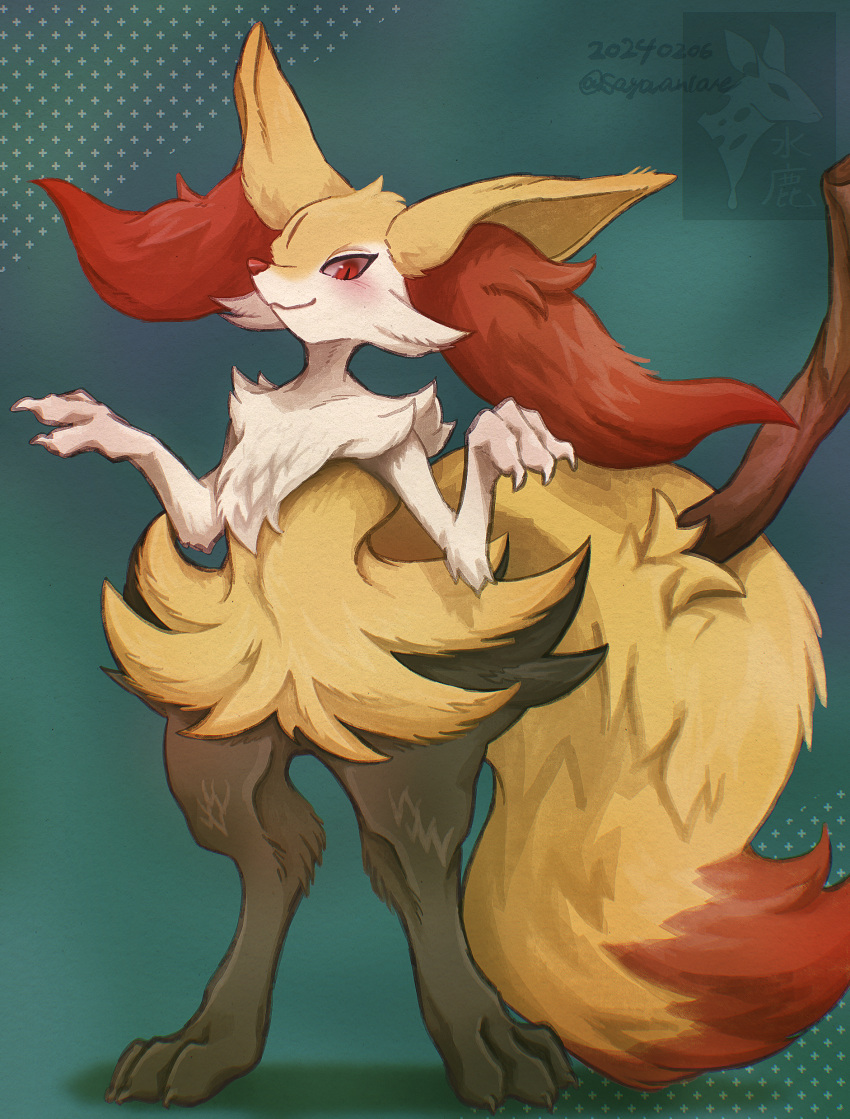 1girl :3 absurdres animal_ear_fluff animal_ears animal_feet animal_hands animal_nose artist_name black_fur blush body_fur braixen claws closed_mouth commentary_request dated feet flat_chest fox_ears fox_girl fox_tail full_body furry furry_female green_background hands_up happy highres looking_at_viewer multicolored_fur neck_fur partial_commentary pokemon pokemon_(creature) red_eyes signature slit_pupils smile snout solo standing stick suiroku tail twitter_username watermark white_fur yellow_fur