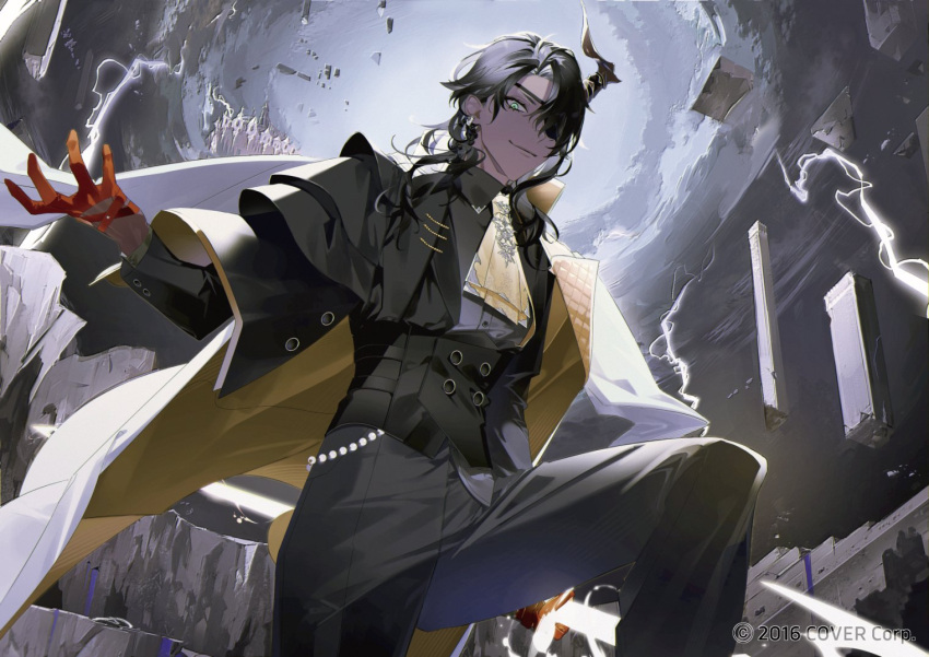 1boy anno_meiji aragami_oga ascot black_capelet black_hair black_jacket black_pants black_shirt black_suit braid broken_pillar buttons capelet castle clouds coat coat_on_shoulders collared_shirt copyright_notice cuff_links cummerbund dark-skinned_male dark_skin demon_boy demon_horns double-breasted earrings energy_weapon eyepatch feet_out_of_frame gloves green_eyes half_gloves holding holding_polearm holding_weapon holostars horns jacket jewelry lapels lightning long_hair long_sleeves looking_at_viewer looking_down male_focus official_alternate_costume official_art overcast pants pillar polearm red_gloves rock ruins shirt side_braid side_cape single_horn sky smile solo spear standing stepping suit two-sided_coat two-sided_fabric virtual_youtuber weapon white_coat yellow_ascot yellow_coat