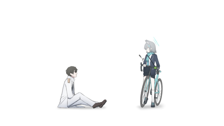 1boy 1girl animal_ears bicycle blue_archive blue_scarf from_side glasses grey_hair junu_(jwoo5627) kneehighs negative_space problem_solver_sensei_(blue_archive) riding riding_bicycle scarf school_uniform sensei_(blue_archive) shiroko_(blue_archive) short_hair simple_background socks sweatdrop white_background white_socks wolf_ears