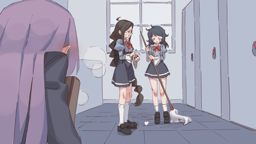 3girls ahoge angry backpack bag bathroom black_footwear black_hair black_jacket blue_shirt blue_skirt blush book bow bowtie breasts breath brown_hair buttons center_frills clenched_hand clenched_teeth collared_shirt collibe_(rune_(dualhart)) commentary_request door ear_blush english_commentary frills from_behind full_body glasses half-closed_eyes hands_up have_to_pee high-waist_skirt highres holding holding_book holding_mop indoors jacket juliet_sleeves kneehighs light_blush locked long_hair long_sleeves low-tied_long_hair messy_hair miniskirt mixed-language_commentary mop mopping multi-tied_hair multiple_girls open_mouth orange_eyes original partial_commentary puffy_sleeves purple_hair raised_eyebrows red_bow red_bowtie rune_(dualhart) shirt shirt_tucked_in shoes sidelocks sideways_mouth skirt small_breasts socks standing sweat tapping_watch teacher teeth tile_floor tiles toilet_stall v-shaped_eyebrows very_long_hair violet_eyes watch watch white_socks wide_sleeves window yurina_(rune_(dualhart)) zofia_(rune_(dualhart))