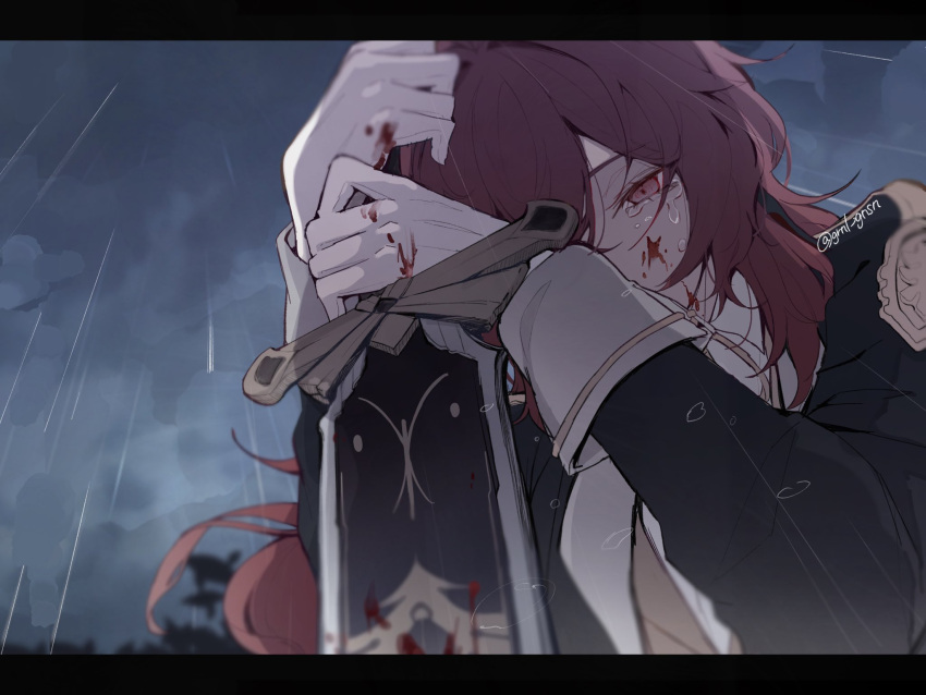 1boy black_sleeves blood blood_on_face blood_on_hands crying crying_with_eyes_open diluc_(genshin_impact) genshin_impact greatsword grnl_gnsn highres holding holding_sword holding_weapon long_hair long_sleeves male_focus night rain red_eyes redhead sad solo stab sword tears twitter_username weapon