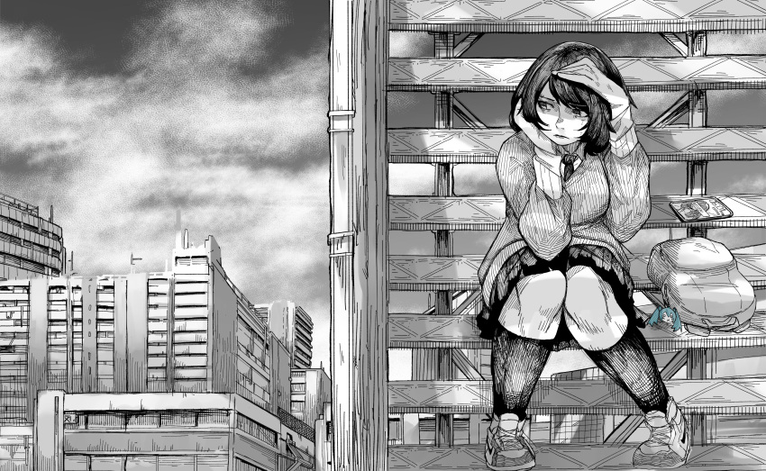 1girl absurdres backpack bag bag_charm bags_under_eyes beffen_m building character_charm charm_(object) city closed_mouth clouds cloudy_sky collared_shirt commentary english_commentary frown full_body furrowed_brow greyscale hand_on_own_cheek hand_on_own_face hand_on_own_head hatsune_miku highres kneehighs knees_together_feet_apart long_sleeves looking_at_viewer monochrome necktie nike_(company) original outdoors pleated_skirt school_uniform shirt shoes short_hair shoujo_a_(vocaloid) sitting sitting_on_stairs skirt sky sneakers socks solo spot_color stairs stairwell sweater swept_bangs textless_version unworn_backpack unworn_bag urban vocaloid