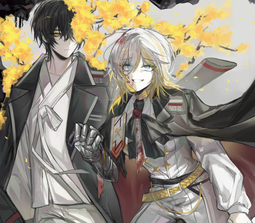 1boy 1girl ascot black_ascot black_jacket blonde_hair blood blood_in_hair blood_on_face blue_eyes closed_mouth commentary faust_(project_moon) flower gauntlets grin hanbok highres jacket jacket_on_shoulders korean_clothes lapels limbus_company long_sleeves looking_at_viewer medium_hair multicolored_hair notched_lapels open_clothes open_jacket pants project_moon shirt short_hair single_gauntlet smile sp0i0ppp standing streaked_hair teeth two-tone_hair wax_seal white_hair white_hanbok white_pants white_shirt wire yellow_eyes yellow_flower yi_sang_(project_moon)