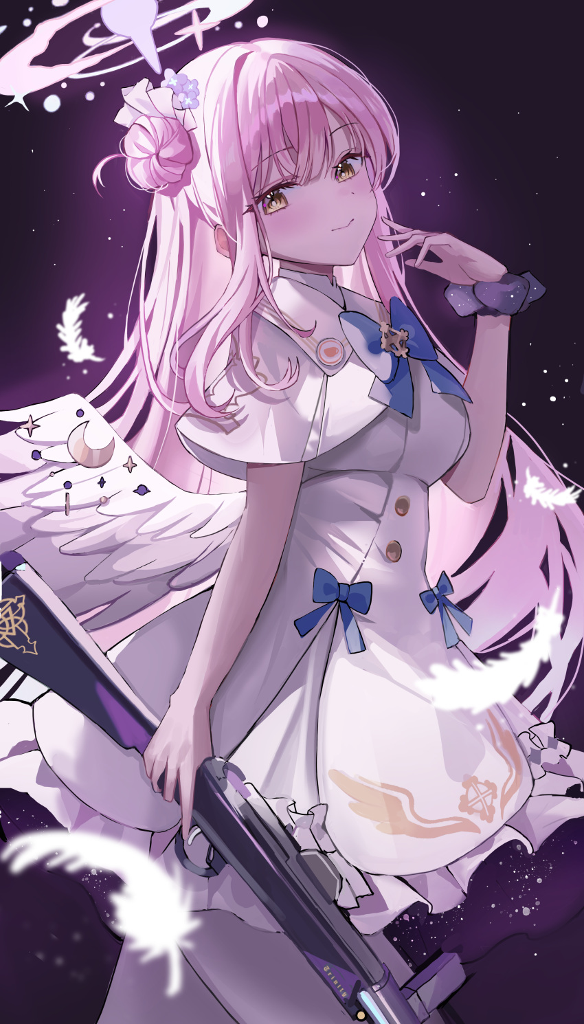 1girl absurdres angel_wings blue_archive capelet commentary cowboy_shot dress feathered_wings flower gun hair_bun hair_flower hair_ornament highres holding holding_gun holding_weapon long_hair mika_(blue_archive) pink_hair pink_hlao purple_flower ri_yonn single_side_bun solo weapon white_capelet white_dress white_wings wings yellow_eyes