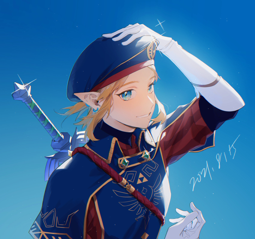 1boy beret blue_background blue_capelet blue_eyes blue_headwear capelet earrings elbow_gloves gloves hat highres jewelry light_brown_hair link looking_at_viewer male_focus master_sword pointy_ears royal_guard_set_(zelda) shikiri short_hair short_ponytail sidelocks smile solo sword sword_on_back the_legend_of_zelda the_legend_of_zelda:_breath_of_the_wild upper_body weapon weapon_on_back white_gloves