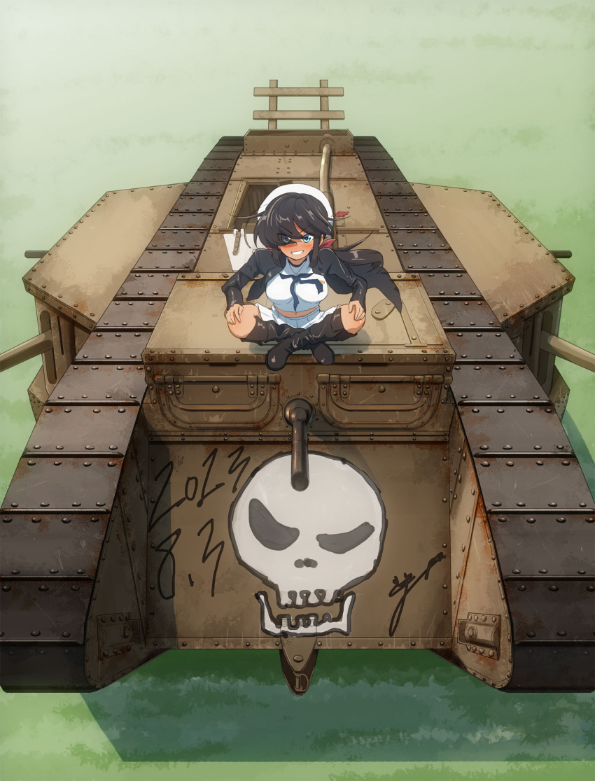 1girl artist_name black_coat black_eyes black_footwear black_hair black_neckerchief blouse boots bow coat commentary dark-skinned_female dark_skin dated day dixie_cup_hat girls_und_panzer grin hair_bow hair_over_one_eye hands_on_own_knees hat hat_feather highres indian_style jinguu_(4839ms) knee_boots long_coat long_hair long_sleeves looking_at_viewer mark_iv_tank midriff military_hat military_vehicle miniskirt motor_vehicle navel neckerchief ogin_(girls_und_panzer) ooarai_naval_school_uniform open_clothes open_coat outdoors pleated_skirt ponytail red_bow sailor sailor_collar school_uniform shirt signature sitting skirt skull_print smile solo tank vehicle_focus white_headwear white_shirt white_skirt wind