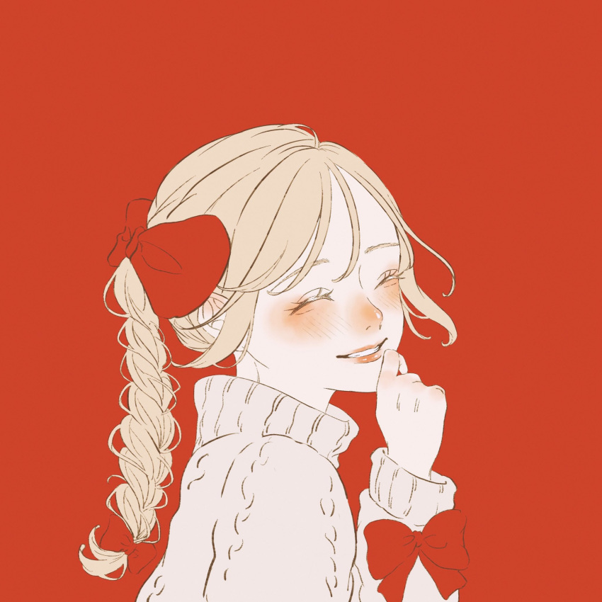 1girl blonde_hair blush bow closed_eyes commentary facing_away facing_viewer hair_behind_ear hair_between_eyes hair_bow hair_ribbon hand_to_own_mouth head_tilt highres laughing long_eyelashes long_hair multiple_hair_bows nose_blush nostrils original red_background red_bow red_lips ribbed_sweater ribbon see-through see-through_sleeves shim_46 short_twintails simple_background smile solo sweater swept_bangs turtleneck turtleneck_sweater twintails upper_body