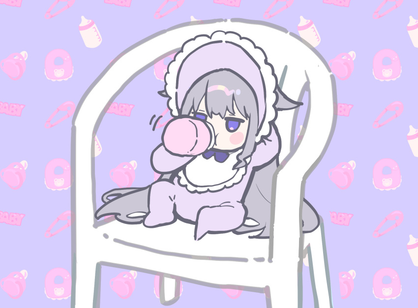 1girl aged_down arm_behind_head baby baby_bottle bib blush_stickers bottle chair drinking grey_hair highres hololive hololive_english jitome kitada_mo koseki_bijou long_hair on_chair purple_background violet_eyes virtual_youtuber