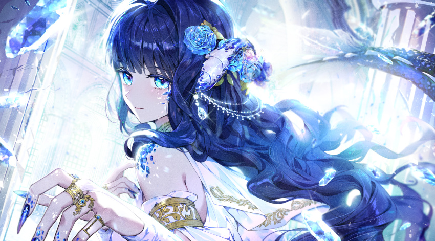1girl armlet bare_shoulders blue_eyes blue_flower blue_gemstone blue_hair blue_nails blue_rose blue_theme blurry bright_pupils building chinese_commentary chinese_zodiac cika_k closed_mouth commentary crystal depth_of_field detached_sleeves dragon_girl facial_mark flower from_behind gem glint hair_flower hair_ornament hands_up highres horn_ornament horns jewelry long_hair looking_at_viewer looking_back multiple_rings nail_polish original ring rose scales smile solo sparkle tail upper_body year_of_the_dragon