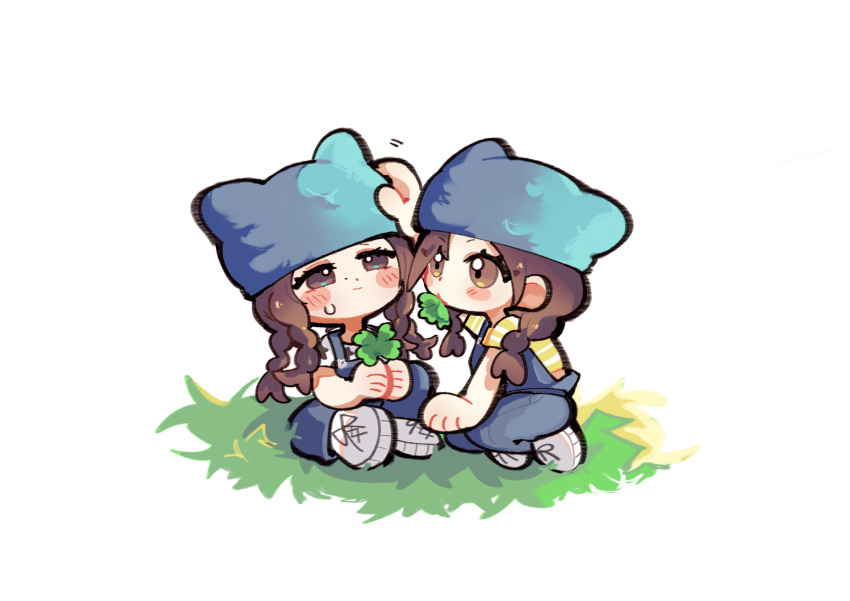 2girls animification ao_izumi bae_(nmixx) black_eyes blue_headwear blue_overalls blush braid brown_eyes chibi clover eating four-leaf_clover grass grey_footwear headpat highres k-pop looking_at_another looking_up multiple_girls nmixx overalls real_life shoes sitting smile sneakers sullyoon_(nmixx) twin_braids white_background
