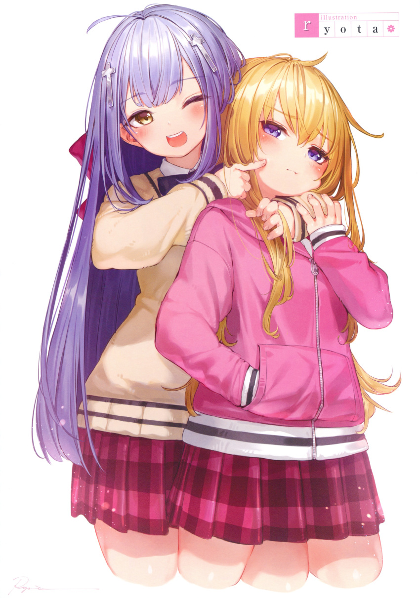 2girls ;d absurdres ahoge artist_name blonde_hair blush bow closed_mouth cowboy_shot cropped_legs cross_hair_ornament finger_to_another's_cheek finger_to_cheek gabriel_dropout gabriel_tenma_white hair_bow hair_ornament hand_in_pocket hand_up highres jacket long_hair long_sleeves looking_at_viewer multiple_girls non-web_source one_eye_closed open_mouth pink_jacket pink_skirt plaid plaid_skirt purple_hair raphiel_shiraha_ainsworth red_bow ryota_(ry_o_ta) sidelocks simple_background skirt sleeves_past_wrists smile standing teeth upper_teeth_only white_background zipper zipper_pull_tab