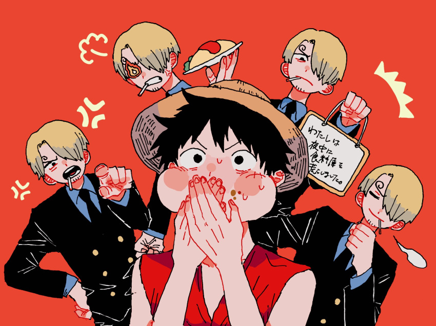 anger_vein black_jacket blonde_hair blue_shirt blush_stickers cheek_bulge cigarette closed_eyes closed_mouth commentary curly_eyebrows eating fire food food_on_face hair_over_one_eye hat highres holding holding_plate jacket long_sleeves maeda_(crast_1) monkey_d._luffy multiple_boys one_piece plate red_vest sanji_(one_piece) scar scar_on_cheek scar_on_face shirt short_hair smile smoke smoking spoken_anger_vein straw_hat sweatdrop vest wavy_mouth