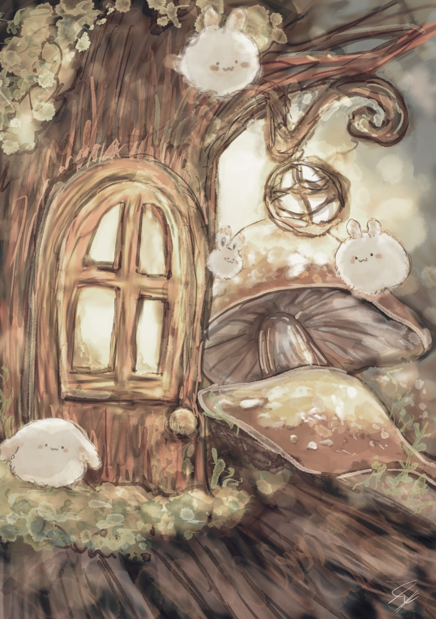._. :3 animal_focus artist_name black_eyes blush blush_stickers closed_mouth commentary_request creature door fluffy giant_mushroom grass happy highres lantern looking_at_viewer mushroom muted_color night no_humans original outdoors partial_commentary signature smile tensaitou_tou treehouse window
