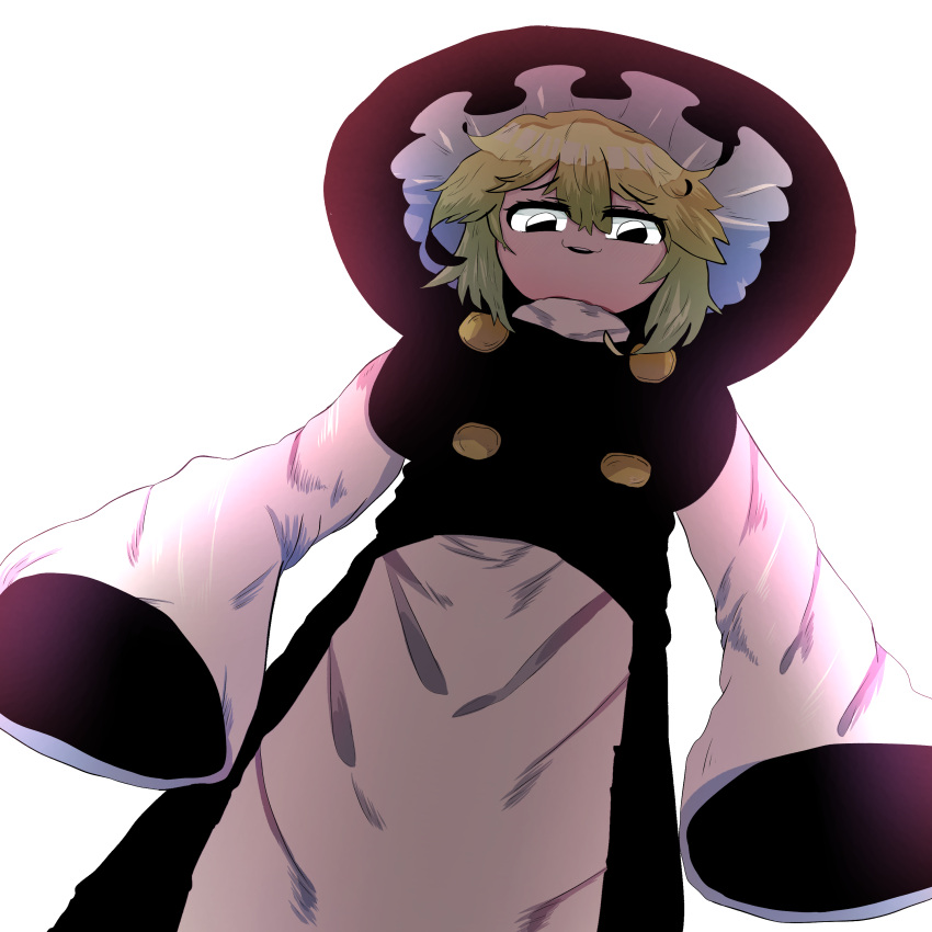 1girl absurdres apron black_dress black_eyes black_headwear blonde_hair breasts buttons commentary_request cookie_(touhou) cowboy_shot dress frilled_hairband frills from_below hair_between_eyes hairband hat highres kirisame_marisa large_breasts looking_at_viewer looking_down medium_bangs open_mouth pinafore_dress shirt short_hair simple_background sleeveless sleeveless_dress sleeves_past_fingers sleeves_past_wrists solo sznkrs touhou turtleneck waist_apron white_apron white_background white_shirt witch_hat yuuhi_(cookie)