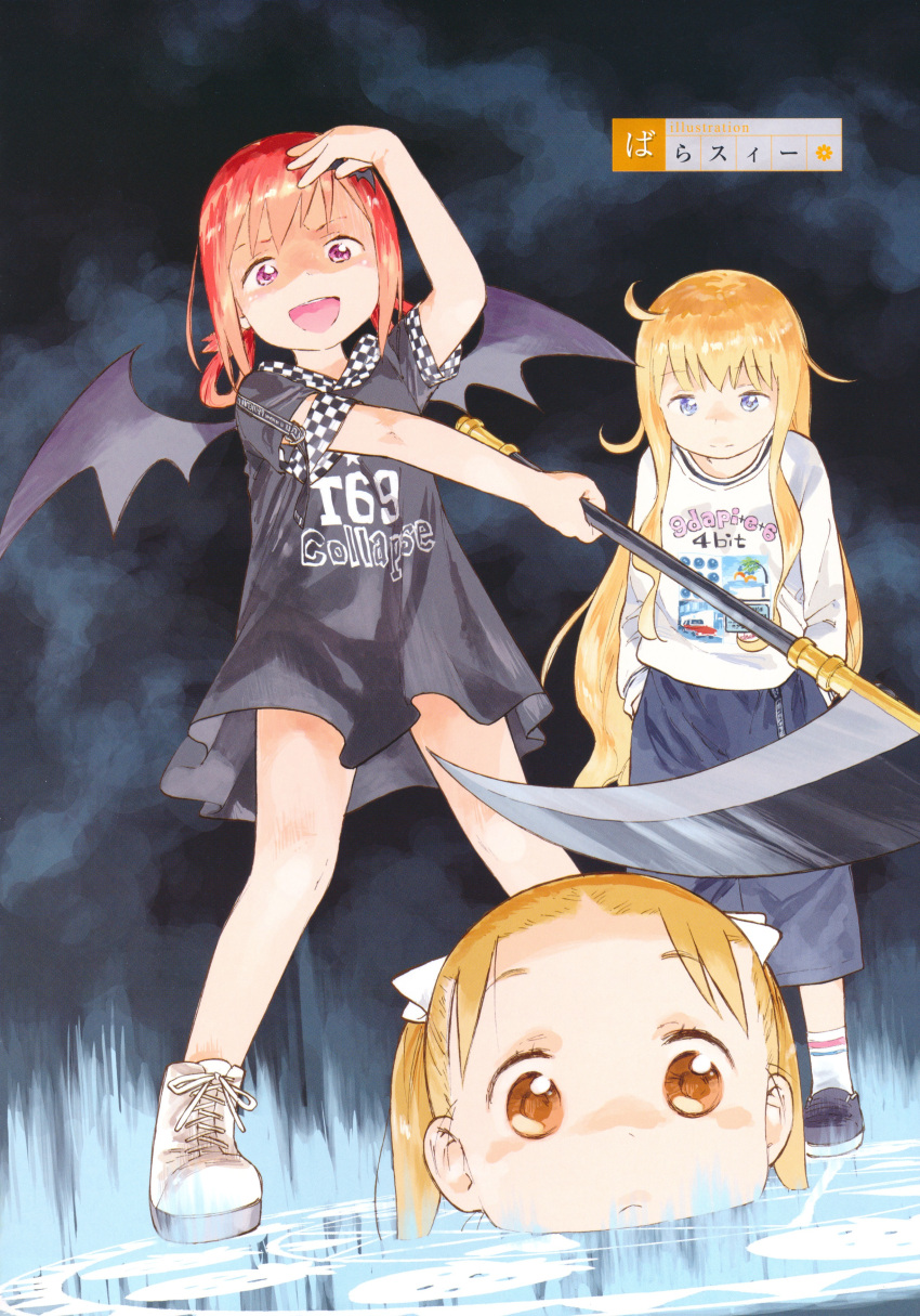 3girls :d absurdres ahoge arm_up barasui bare_legs black_background black_footwear black_shirt black_skirt black_sky blonde_hair blue_background blue_eyes boots brown_eyes checkered_clothes closed_mouth clothes_writing cropped_head crossover evil_grin evil_smile forehead full_body gabriel_dropout gabriel_tenma_white grin hair_rings hands_in_pockets highres holding holding_scythe ichigo_mashimaro long_hair long_sleeves looking_at_another magic_circle matsuoka_miu multiple_girls non-web_source open_mouth peeking_out redhead satanichia_kurumizawa_mcdowell scythe shirt shoes short_hair short_sleeves short_twintails sidelocks skirt sky smile standing twintails two-tone_background white_footwear white_shirt