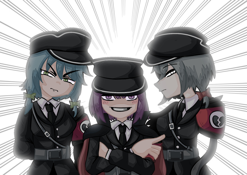 3girls armband black_headwear black_jacket black_necktie blue_hair blush bow broken_heart_print closed_mouth commentary_request cookie_(touhou) crossed_arms ein_(cookie) emphasis_lines frown geru_futota green_bow green_eyes grey_hair grin hair_bow hat highres izayoi_sakuya jacket looking_at_viewer military_hat military_uniform multiple_girls necktie peaked_cap purple_hair red_bow remilia_scarlet short_hair smile sznkrs touhou uniform upper_body v-shaped_eyebrows violet_eyes white_background white_eyes zwei_(cookie)