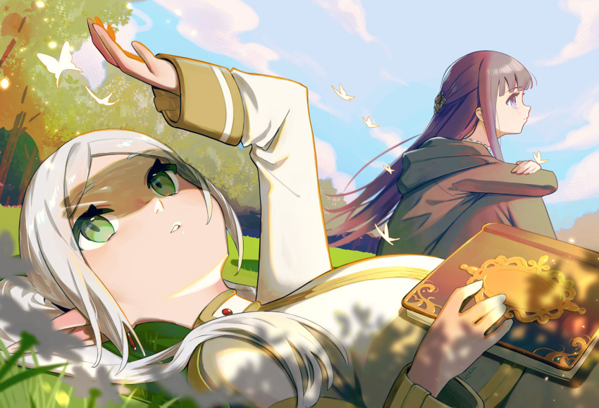 2girls black_coat blue_sky book bug butterfly butterfly_hair_ornament capelet closed_mouth clouds cloudy_sky coat commentary_request day earrings elf fern_(sousou_no_frieren) frieren gem gold_trim green_eyes hair_ornament hand_up high_collar hood hood_down hooded_coat jewelry klaeia long_hair lying multiple_girls on_back on_grass outdoors parted_bangs parted_lips pointy_ears profile purple_hair red_gemstone shade sidelocks sitting sky sousou_no_frieren straight_hair twintails violet_eyes white_capelet white_hair
