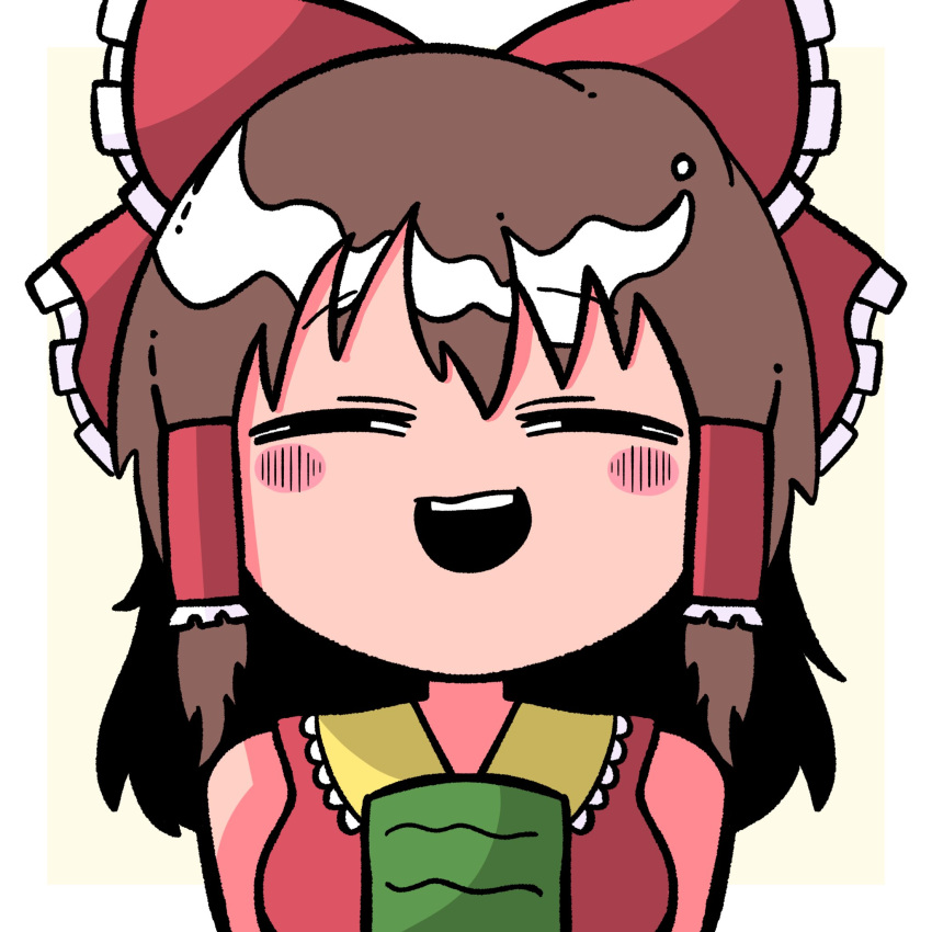 1girl black_eyes blush bow brown_hair collared_shirt commentary cookie_(touhou) cup frilled_bow frilled_hair_tubes frilled_shirt_collar frills hair_bow hair_tubes hakurei_reimu half-closed_eyes highres long_hair looking_at_viewer medium_bangs open_mouth red_bow red_shirt reu_(cookie) shirt sidelocks simple_background sleeveless sleeveless_shirt smile solo symbol-only_commentary sznkrs touhou two-tone_background upper_body white_background yellow_background yunomi