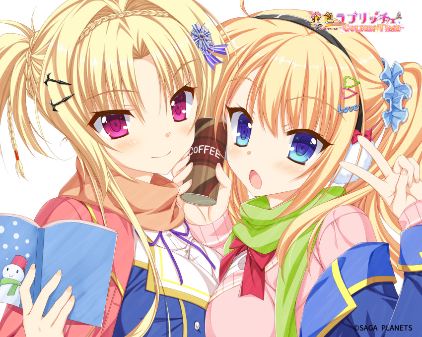 2girls :o alternate_costume blonde_hair blue_eyes blue_jacket blue_scrunchie blush book bow braid breast_press breasts brown_scarf can canned_coffee cardigan casual close-up closed_mouth coffee company_name copyright_name crown_braid drink_can earmuffs eyelashes eyes_visible_through_hair fingernails green_scarf hair_between_eyes hair_intakes hair_ornament hair_scrunchie hairclip hand_up hands_up headphones heart heart_hair_ornament heroina_di_caballero_ista highres holding holding_book holding_can jacket kin-iro_loveriche kisaki_reina large_breasts long_hair looking_at_viewer multiple_girls neck_ribbon official_art open_book open_clothes open_jacket open_mouth pink_cardigan pink_eyes purple_ribbon red_bow ribbon scarf scrunchie shirt short_ponytail sidelocks simple_background single_bare_shoulder sleeves_past_wrists smile snowman_print symmetrical_docking toranosuke twintails v wavy_hair white_background white_shirt winter_clothes