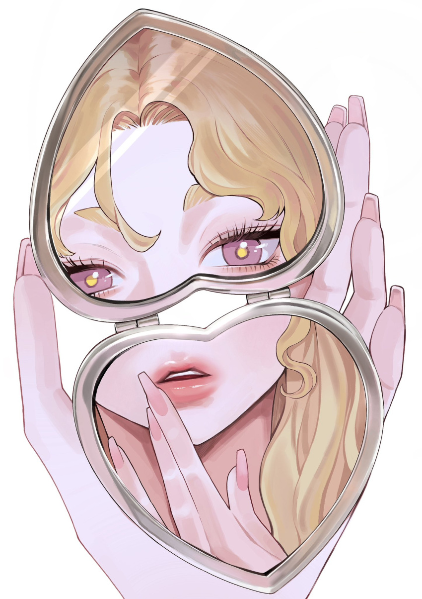 1girl blonde_hair commentary eyelashes fingernails hand_mirror hand_to_own_mouth heart highres holding holding_mirror lipstick long_fingernails looking_at_mirror looking_at_viewer makeup meu_oo mirror nail_polish original out_of_frame parted_lips pink_nails portrait pov pov_hands reflection simple_background solo symbol-only_commentary violet_eyes white_background yellow_pupils