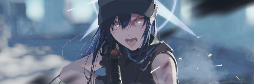 1girl absurdres bare_shoulders baseball_cap black_hair black_headwear blue_archive blue_eyes blurry blurry_foreground crop_top gun halo hat highres holding holding_gun holding_weapon looking_at_viewer no_mask open_mouth saori_(blue_archive) shirt sig_516 sleeveless sleeveless_shirt solo tacshojosora weapon