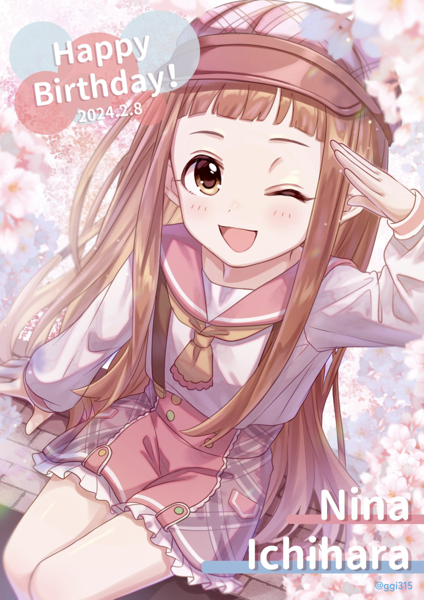 1girl absurdres arm_at_side artist_name birthday blunt_bangs blush brown_eyes brown_hair cabbie_hat character_name cherry_blossoms child commentary cowboy_shot dated day dot_nose english_text flower frilled_skirt frills from_above ggi315 hand_up happy_birthday hat highres ichihara_nina idol idol_clothes idolmaster idolmaster_cinderella_girls long_hair long_sleeves looking_at_viewer neck_ribbon official_alternate_costume one_eye_closed open_mouth outdoors pink_flower pink_headwear pink_sailor_collar pink_trim plaid plaid_headwear ribbon sailor_collar salute school_uniform shirt short_bangs sidelocks sitting skirt smile solo straight_hair thighs tongue very_long_hair white_shirt yellow_ribbon