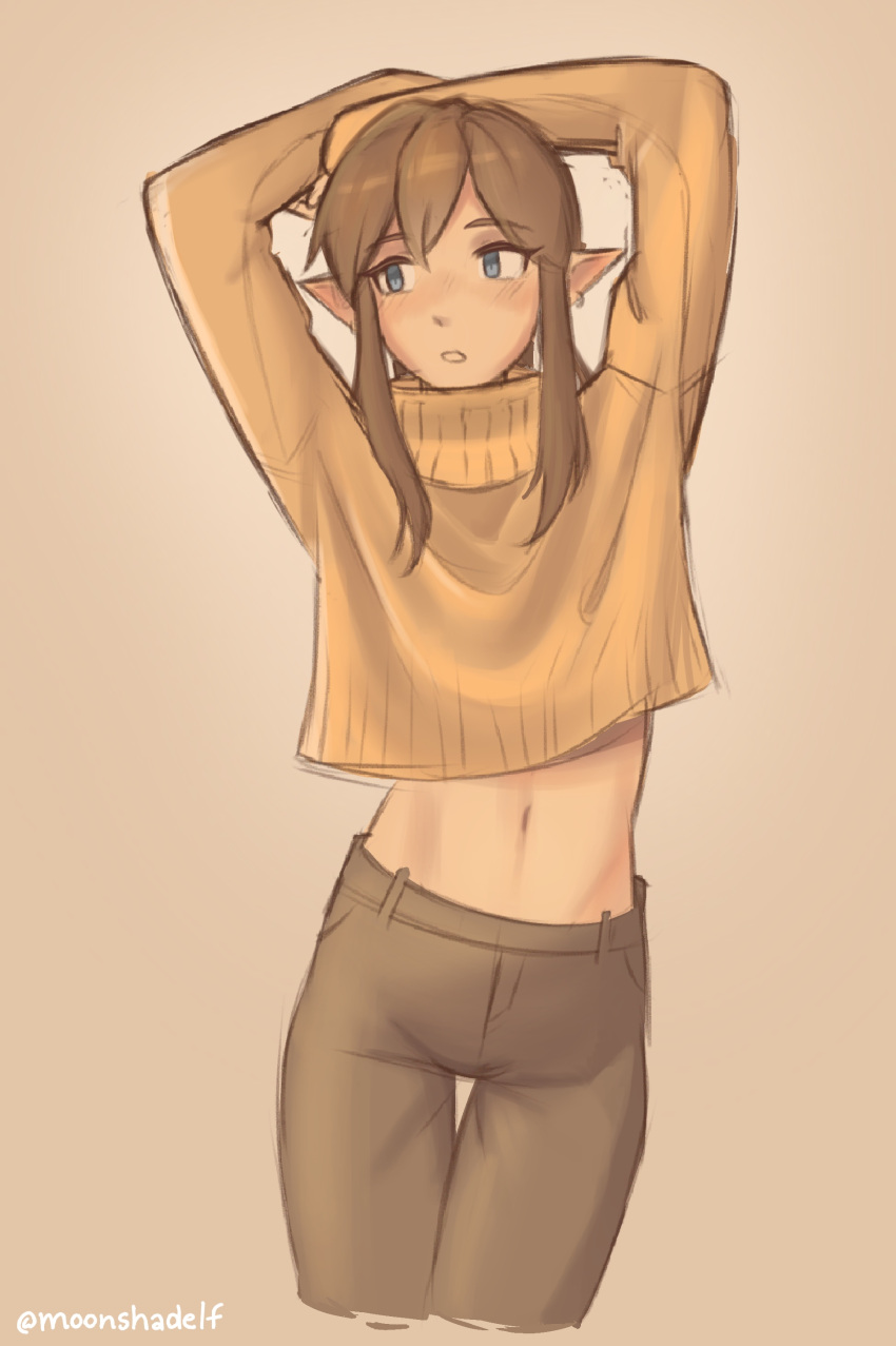 1boy absurdres arms_behind_head arms_up artist_name blonde_hair blue_eyes brown_background brown_pants commentary english_commentary highres link looking_to_the_side male_focus midriff moonshadelf navel pants parted_lips pointy_ears procreate_(medium) sidelocks simple_background solo standing sweater the_legend_of_zelda the_legend_of_zelda:_breath_of_the_wild yellow_sweater
