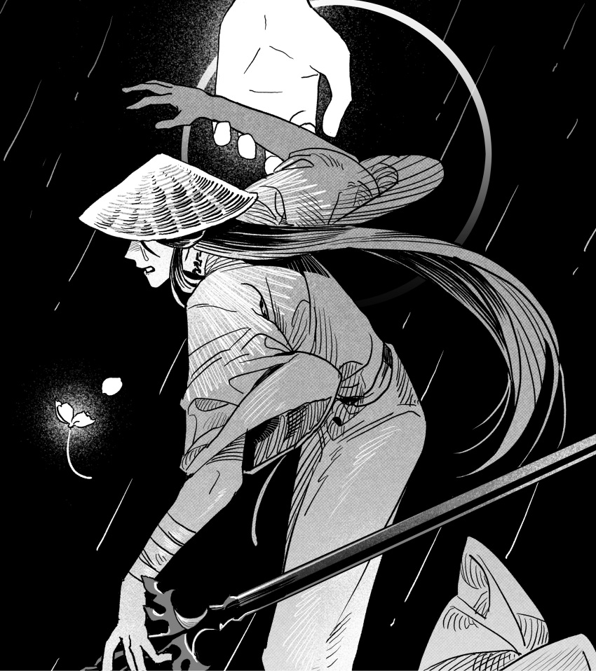 1boy absurdres bandaged_arm bandages black_background chinese_clothes clenched_teeth crying disembodied_limb flower from_side glowing glowing_flower glowing_hand hat hat_over_eyes highres holding holding_another's_arm holding_sword holding_weapon long_hair long_sleeves monochrome open_mouth qn_rkr2 rain rice_hat sword teeth tianguan_cifu weapon wide_sleeves xie_lian