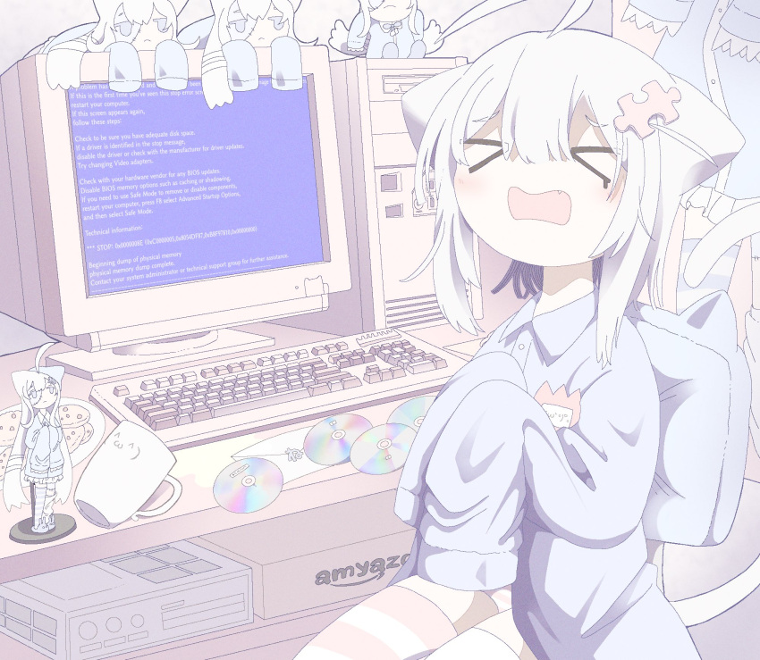 &gt;_&lt; 1girl ahoge animal_ears ashi_izumo at_computer blue_screen_of_death brand_name_imitation cat_ears cd character_doll collared_shirt cookie crying cup desk fang figure food hair_between_eyes highres kaomoji keyboard_(computer) letter logo_parody long_sleeves monitor mug no_pants on_chair open_mouth original oversized_clothes pastel_colors puzzle_piece_hair_ornament shirt sleeves_past_fingers sleeves_past_wrists solo spill spilled_milk striped_clothes striped_thighhighs stuffed_toy thigh-highs