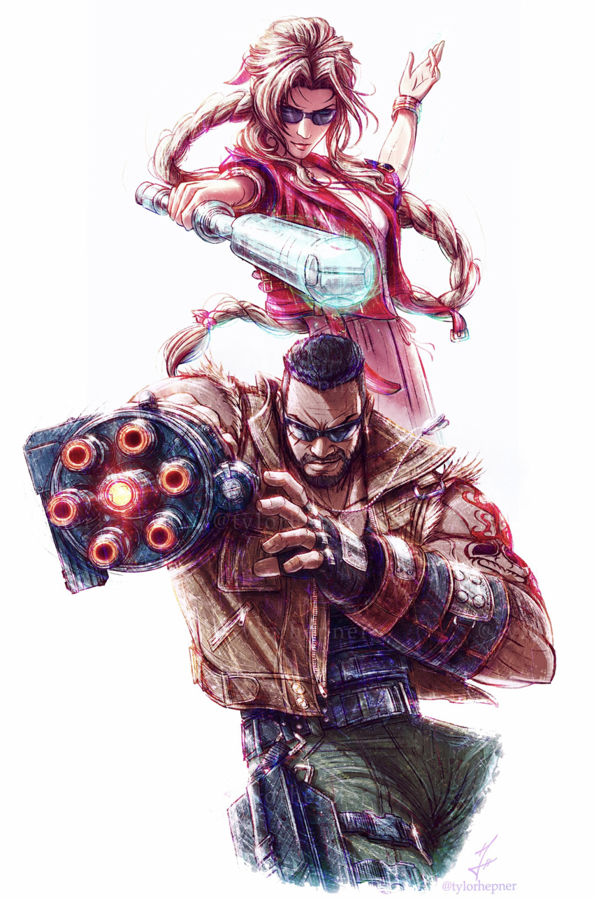 1boy 1girl absurdres aerith_gainsborough aiming aiming_at_viewer arm_cannon arm_tattoo barret_wallace beard black_hair braid braided_ponytail brown_hair cropped_jacket dark-skinned_male dark_skin dress facial_hair final_fantasy final_fantasy_vii final_fantasy_vii_rebirth final_fantasy_vii_remake fingerless_gloves gloves glowing highres jacket looking_at_viewer mage_staff pink_dress red_jacket staff sunglasses tattoo tylor_hepner weapon