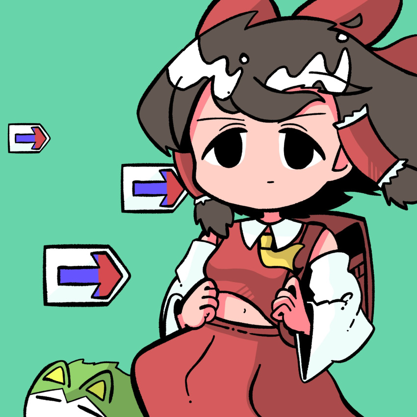 1girl algodoo arrow_(symbol) ascot backpack bag black_eyes bow brown_hair closed_mouth collared_shirt commentary_request cookie_(touhou) daiyousei detached_sleeves diyusi_(cookie) empty_eyes expressionless feet_out_of_frame frilled_hair_tubes frills green_background hair_bow hair_tubes hakurei_reimu highres kyoufuu_all_back_(vocaloid) long_hair looking_at_viewer medium_bangs navel noel_(cookie) red_bag red_bow red_shirt red_skirt shirt simple_background skirt skirt_set sleeveless sleeveless_shirt solo sukusuku_hakutaku sznkrs touhou white_sleeves yellow_ascot