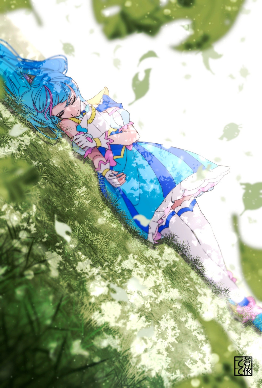 1girl ankle_boots aoi_tete artist_logo backlighting blue_dress blue_eyes blue_footwear blue_hair boots brooch closed_eyes commentary cure_sky dappled_sunlight day dress dutch_angle fingerless_gloves frilled_dress frills gloves highres hirogaru_sky!_precure jewelry leaf long_hair lying magical_girl multicolored_hair on_back on_ground outdoors pink_hair precure puffy_short_sleeves puffy_sleeves short_dress short_sleeves sleepwear sleeveless sleeveless_dress solo sora_harewataru streaked_hair sunlight thigh-highs twintails two-tone_dress white_dress white_gloves white_thighhighs wind wing_brooch wing_hair_ornament