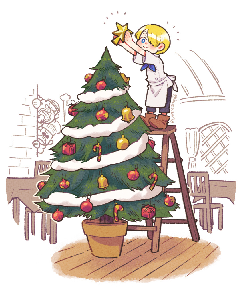 1boy :&gt; aged_down artist_name bell black_pants blonde_hair blue_eyes boots brown_footwear candy candy_cane carne chair chef christmas christmas_tree christmas_tree_hair_ornament commentary curly_hair curtains food gift hair_ornament highres holding holding_star ladder leaning_forward long_bangs mitsubachi_koucha necktie on_ladder one_piece pants patty_(one_piece) red-leg_zeff sanji_(one_piece) short_hair short_sleeves smile star_(symbol) table