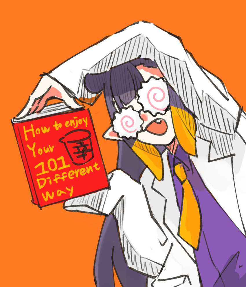 1girl book center-flap_bangs food glasses gradient_hair highres holding holding_book hololive hololive_english jacket kamaboko lab_coat long_hair long_sleeves multicolored_hair narutomaki ninomae_ina'nis opaque_glasses open_mouth orange_background orange_hair pointy_ears purple_hair purple_shirt shirt sidelocks simple_background single_tooth sleeves_past_fingers sleeves_past_wrists solo tentacle_hair virtual_youtuber wa7aru white_jacket
