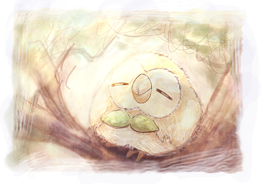 =_= absurdres animal_focus bird border closed_eyes closed_mouth commentary dated_commentary full_body highres in_tree no_humans outdoors pokemon pokemon_(creature) rowlet sitting sketch sleeping solo tensaitou_tou tree white_border