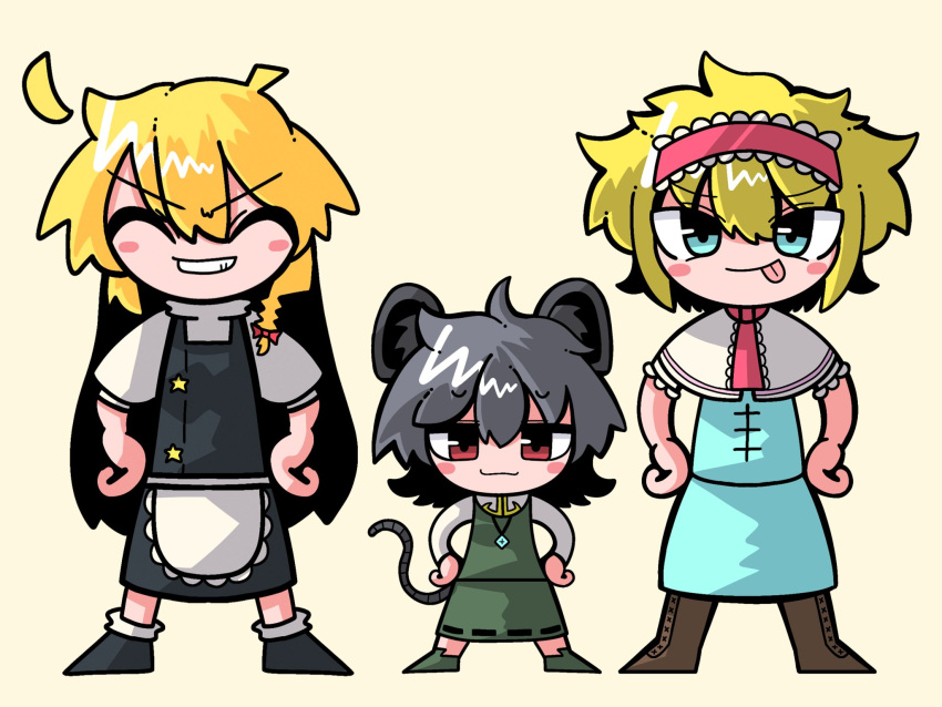 3girls :p alice_margatroid animal_ears apron black_footwear black_skirt black_vest blonde_hair blue_dress blue_eyes blush_stickers boots braid brown_footwear capelet closed_eyes commentary cookie_(touhou) cross-laced_footwear crystal dress frilled_hairband frills full_body green_skirt green_vest grey_hair grin hair_between_eyes hairband hands_on_own_hips highres ichigo_(cookie) jewelry kirisame_marisa long_hair long_sleeves looking_at_viewer medium_bangs messy_hair mouse_ears mouse_girl mouse_tail multiple_girls nazrin necktie nyon_(cookie) pendant pink_hairband pink_necktie puffy_short_sleeves puffy_sleeves red_eyes shirt short_hair short_sleeves simple_background single_braid skirt skirt_set smile socks suzu_(cookie) sznkrs tail tongue tongue_out touhou v-shaped_eyebrows vest waist_apron white_apron white_capelet white_shirt yellow_background