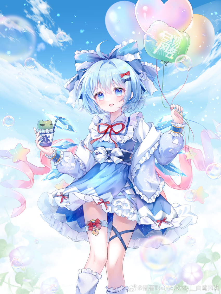 1girl absurdres adapted_costume ahoge alternate_costume artist_request balloon blue_bow blue_dress blue_eyes blue_hair blue_jacket blue_ribbon blue_sash blue_sky blue_sleeves blue_wrist_cuffs bow bridal_garter bubble chinese_commentary cirno clouds collared_shirt commentary_request cowboy_shot cross-laced_clothes cross-laced_dress day dress dress_ribbon drink flower flower_in_eye food frilled_bow frilled_dress frilled_jacket frilled_sash frilled_socks frilled_wrist_cuffs frills frog hair_bow heart heart_balloon heart_print highres holding holding_balloon holding_drink ice ice_cube ice_wings jacket jacket_partially_removed kneehighs lace-trimmed_bow lace_trim leaf leg_ribbon light_blush light_particles long_sleeves looking_at_viewer neck_ribbon open_mouth outdoors puffy_long_sleeves puffy_sleeves purple_flower red_bow red_ribbon ribbon sash second-party_source shaved_ice shirt short_dress short_hair sky sleeveless sleeveless_dress smile socks solo star_(symbol) symbol_in_eye touhou two-sided_fabric two-sided_jacket waist_bow waist_sash white_bow white_garter white_jacket white_shirt white_socks wings wrist_cuffs