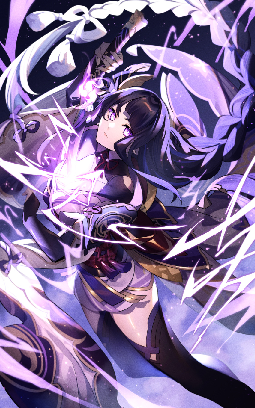 1girl black_footwear boots commentary_request elbow_gloves fingerless_gloves frown genshin_impact gloves head_tilt highres hizuki_miya holding holding_sword holding_weapon human_scabbard japanese_clothes kimono light_censor lightning long_hair long_sleeves looking_at_viewer low-braided_long_hair purple_gloves purple_hair purple_kimono raiden_shogun sidelocks solo sword thigh_boots very_long_hair violet_eyes weapon